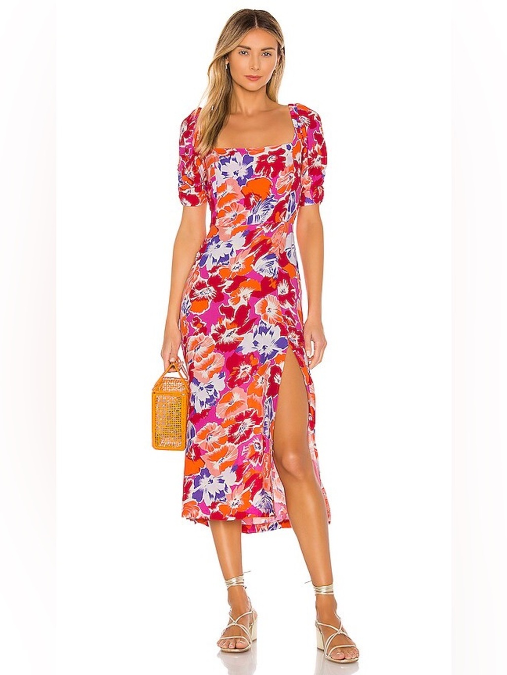 l*space Alissa Midi Dress Super Bloom M Floral Orange Pink